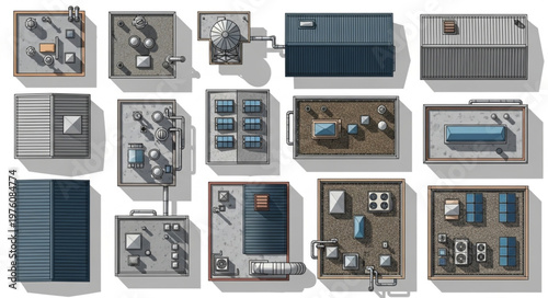 Overhead View of Industrial and Commercial Building Models.