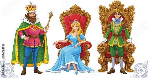 Royal Family Set Featuring King, Queen, and Prince on Thrones for Fairytale, Fantasy, and Royalty Illustration Designs