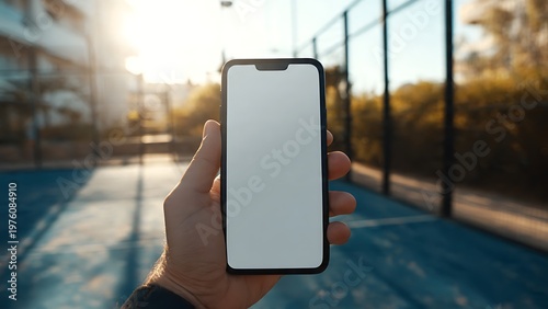 Over the shoulder view of smartphone mockup with blank screen on blue padel court at sunset