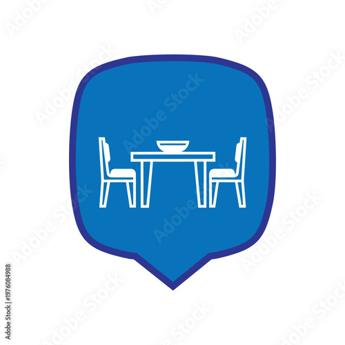 Dining Table and Chairs Icon in Blue Speech Bubble.