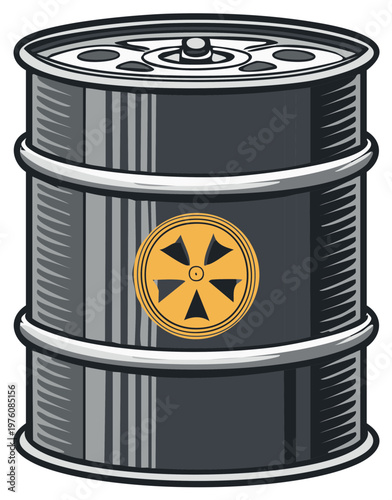 Industrial barrel containing hazardous radioactive waste with danger symbol illustration