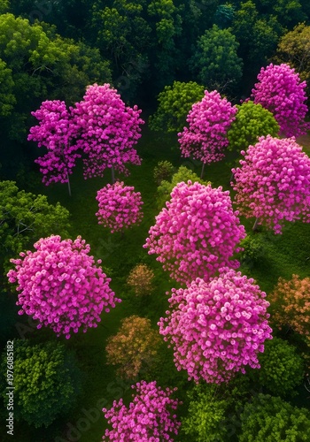 Aerial view of vibrant pink flowering trees in a lush green forest with colorful trees and grassy area