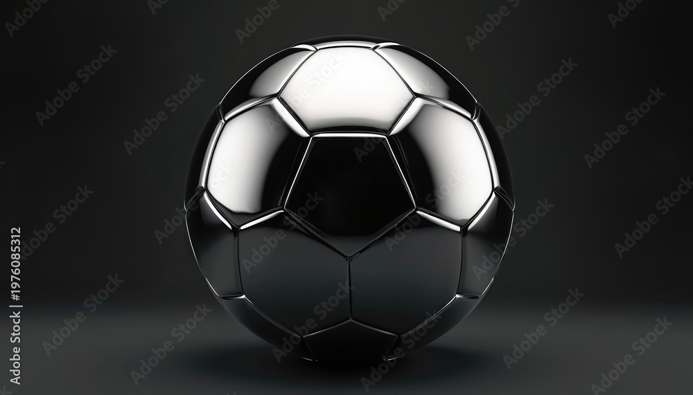 Naklejka premium Polished metal soccer ball on dark background. Sphere features classic pentagon hexagon pattern. Perfect for sports, luxury or abstract themes.