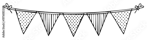Illustration of a decorative party banner with alternating polka dot and striped triangle flags suspended from a line with tied bow accents.