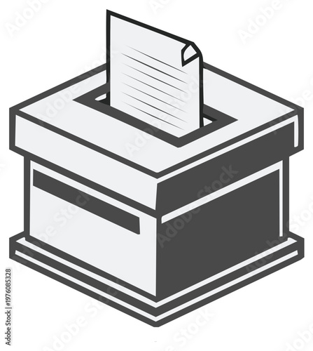 A simple illustration of a ballot box with a paper ballot being inserted, representing voting and democratic processes.