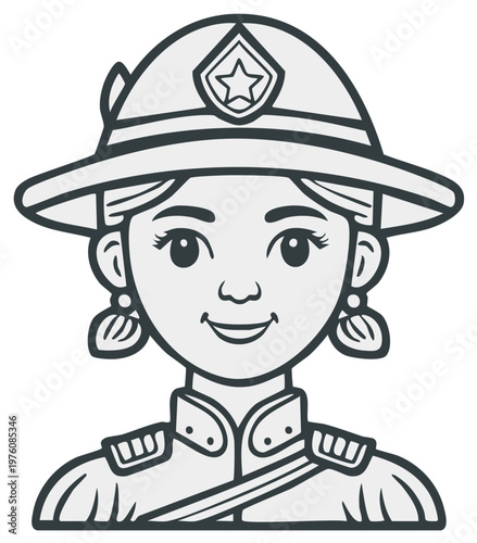 Confident Young Girl Wearing Explorer Ranger Uniform Hat and Star Emblem Line Art