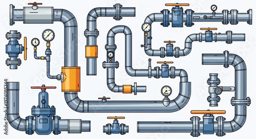 Detailed Illustration of Industrial Piping Systems and Components.