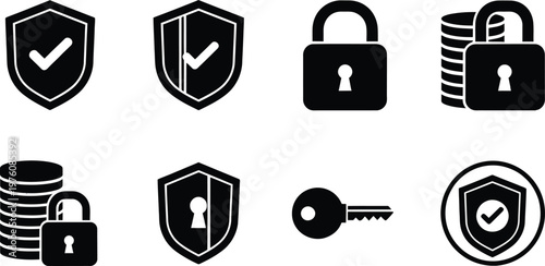 Security icons set shields locks keys and protection symbols in black