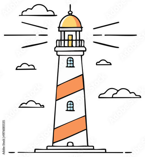 Stylized Lighthouse Shining Light Beams Through Clouds Coastal Navigation Aid Illustration