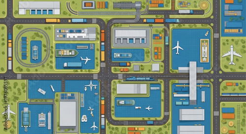 Overhead View of a City with Airport and Industry.