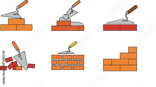 Set of Bricklaying Tools Illustrations Featuring Trowels, Bricks, and Construction Scenes for Masonry, Building, and Home Improvement Graphics