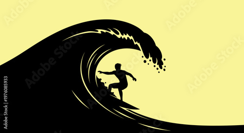 Silhouette of a surfer riding a powerful ocean wave against a light yellow background, capturing the dynamic action of surfing.