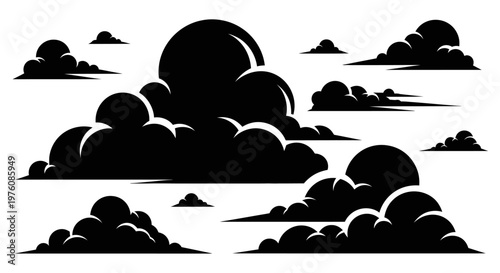 A collection of stylized black cloud silhouettes against a white background, depicting various shapes and sizes of weather elements.