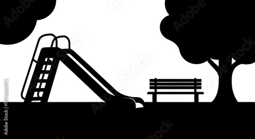A stark black and white silhouette illustration of a playground featuring a slide, a park bench, and trees against a bright background.