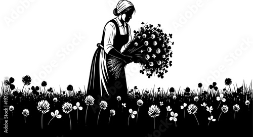 Rural Woman Gathering Clover Silhouette Agriculture Farm Egypt Village Work Black Vector
