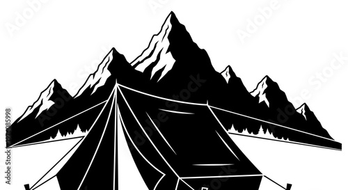 Black and white illustration of a camping tent set against a dramatic backdrop of towering, rugged mountains.