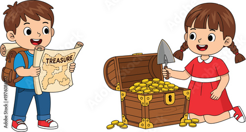 Cute cartoon illustration of a boy with a backpack holding a treasure map and a girl finding a chest full of gold coins.