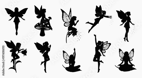 Black silhouettes of fairies in various poses and settings with wings