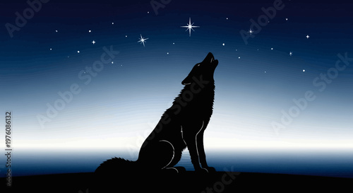 Silhouette of a lone wolf howling at a bright star under a dark blue night sky with many twinkling stars.