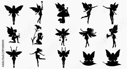 Black silhouettes of fairies in various poses and actions on white background