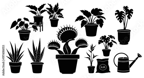 Collection of black silhouette icons featuring various potted houseplants, including a prominent Venus flytrap, along with gardening tools like a watering can and a bag of soil, on a white background.