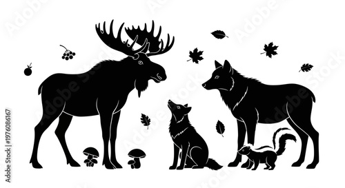 A black and white illustration depicting a moose, a wolf, a coyote, a skunk, mushrooms, and autumn leaves in a forest setting.