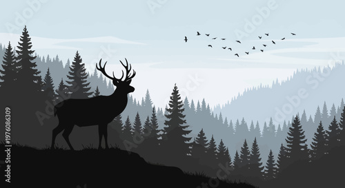 Majestic stag silhouetted against a misty mountain forest landscape with birds flying in formation.