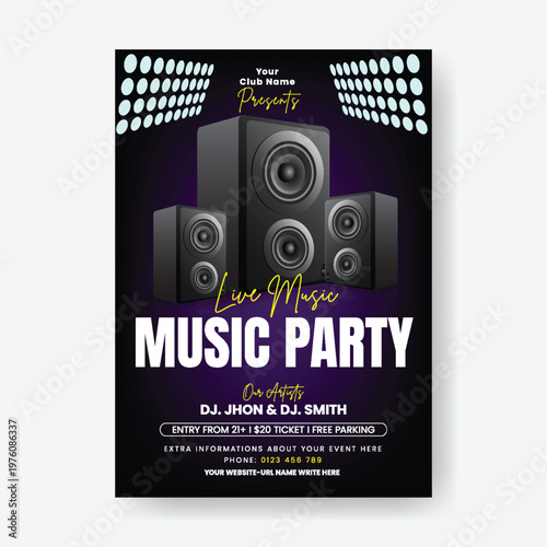Nightclub DJ Party Flyer Poster Design with dj speakers and stage lights, Editable A4 Print Ready Music Event Template Modern Club Poster EDM Festival Night Party Promotion Brochure Cover Layout