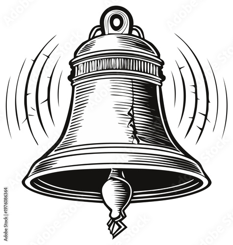 Vintage Ringing Bell With Sound Waves Illustrated in Black and White