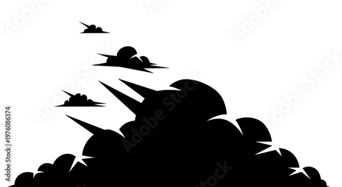 Stylized black clouds with sharp, angular edges against a white background, suggesting a dramatic or stormy atmosphere.