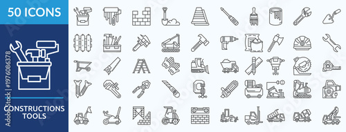 construction tools  - Icon Collection. Thin outline Set contains such Icons as bucket, paint rolls, bricks, shovel and more. Simple web icons set
