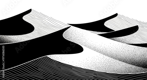 Slika na platnu Striking black and white illustration of undulating sand dunes under a bright sky, emphasizing texture and form