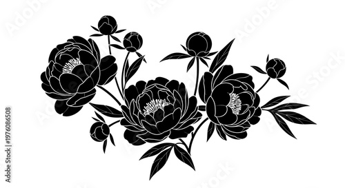 A detailed black and white illustration of a bouquet of peonies with buds and leaves.