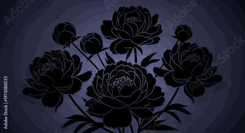 Elegant dark silhouette of a peony bouquet with multiple blooms and buds against a deep blue gradient background, graphic illustration style.