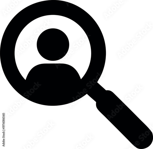 Silhouette of a person under a magnifying glass, representing search icon