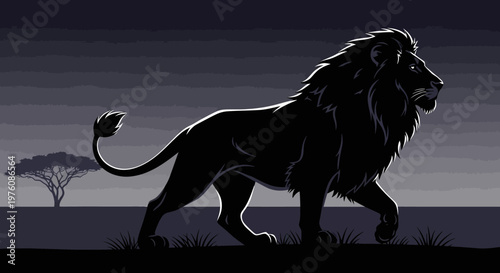 A majestic black lion walks across the savanna at dusk, with a lone acacia tree silhouetted against the twilight sky.