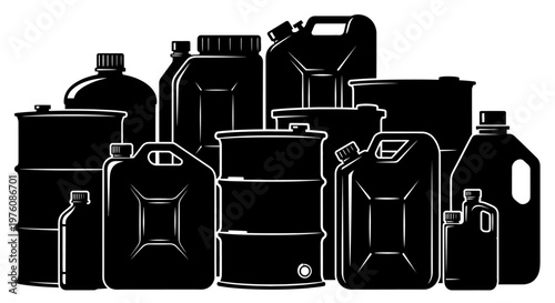 A collection of various black silhouette containers including jerrycans, drums, and bottles, representing storage and transport of liquids.