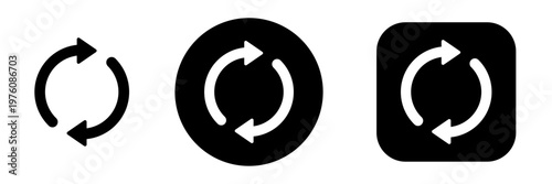 Refresh button icon set with sync reload repeat restart and update symbols. Circular arrows for UI buttons, app interface, web navigation and data sync actions