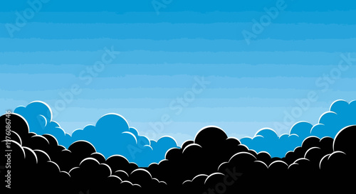 A vibrant cartoon illustration of a bright blue sky filled with fluffy white and dark, silhouetted clouds.