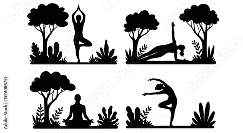 Four Silhouettes of People Practicing Yoga Outdoors Amidst Trees and Plants.