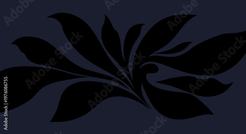 Abstract black floral design with swirling petals against a dark blue background, evoking a sense of mystery and elegance.