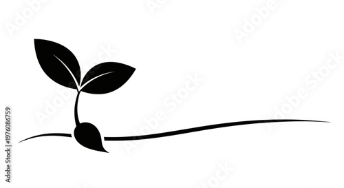 A simple black and white illustration of a young seedling sprouting from the ground with a gentle curve extending to the right.
