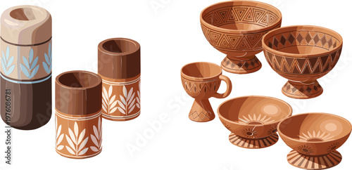 Set of Handcrafted Ceramic Pottery Bowls and Cups with Traditional Patterns for Home Decor, Artisan Craft, and Kitchenware Graphics