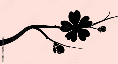 A minimalist silhouette of a cherry blossom branch with a single open flower and two buds against a soft pink background.