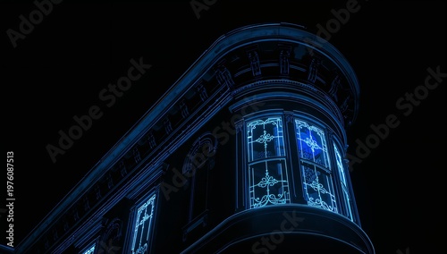 Illuminated Building Facade at Night with Neon Lights and Decor