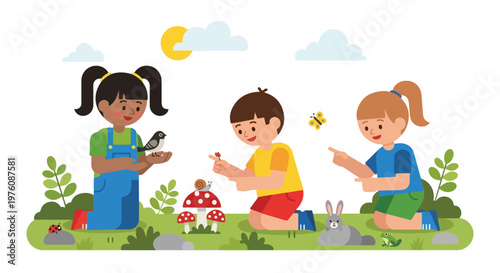 Three diverse children happily explore nature outdoors, observing various animals like birds, snails, and rabbits in a colorful park.