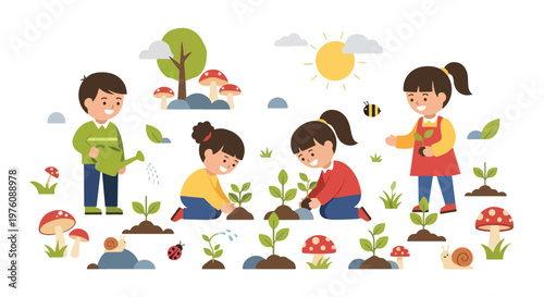 A vibrant vector illustration shows four children happily gardening outdoors, planting seedlings and watering plants among mushrooms and insects.