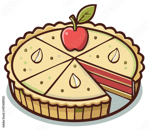 Delicious cartoon apple pie sliced and garnished with a fresh red apple and almonds