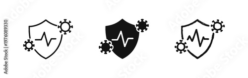 Coronavirus Health Protection Icons Set - Shield with Heartbeat and Virus Symbol