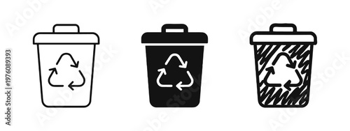 Recycling Bin and Waste Disposal Icons Set - Trash Can with Recycle Symbol for Sustainability